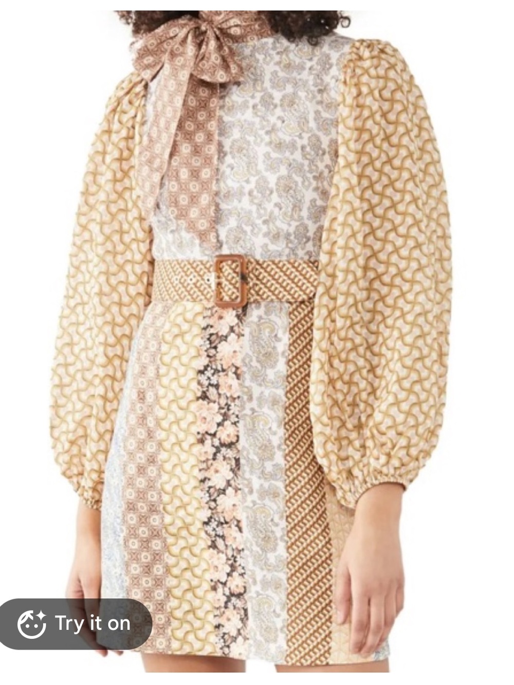 Zimmermann Yellow Patchwork Floral Tie-Neck Long Sleeve Mini Dress